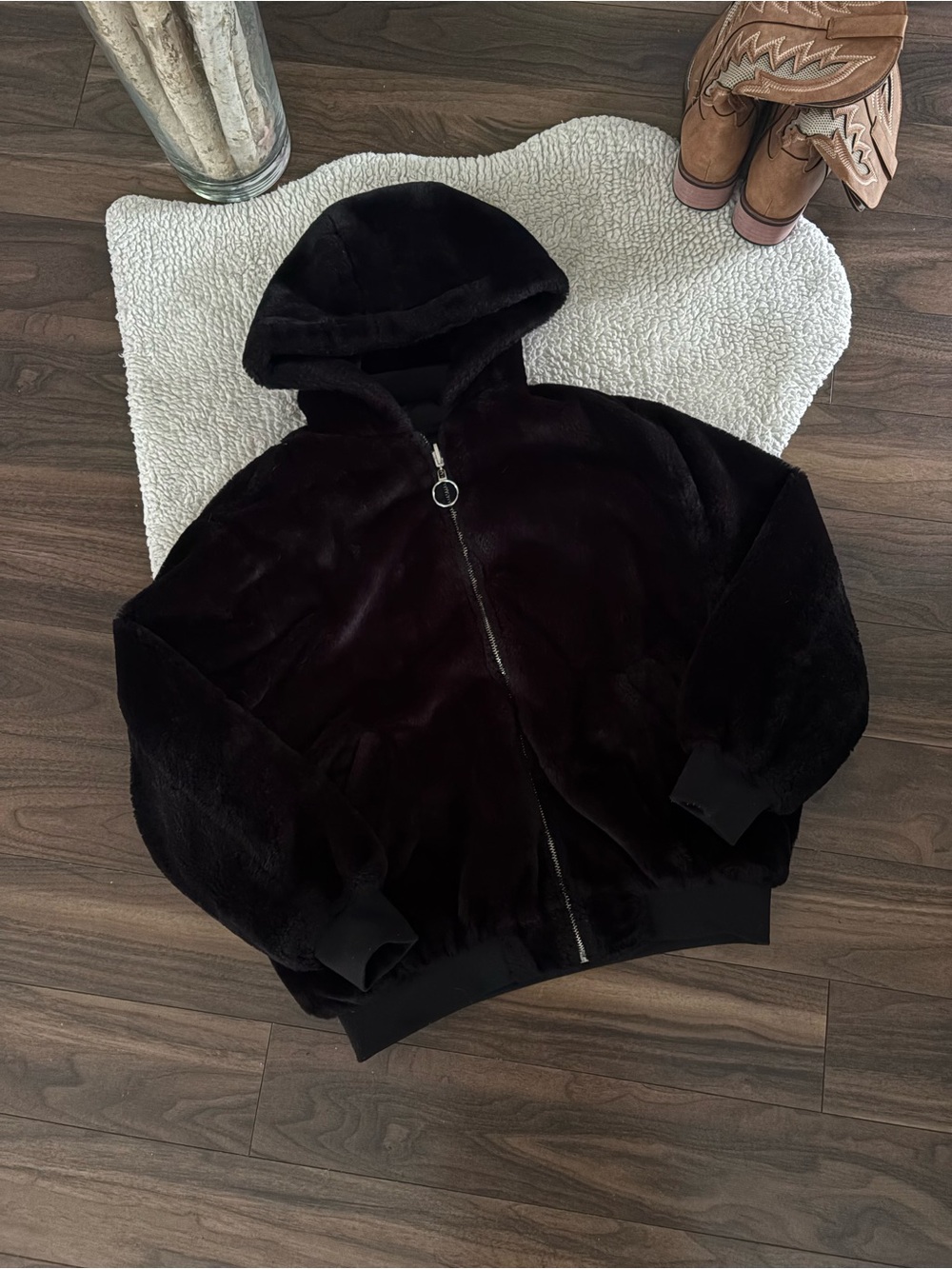 Black Faux Fur Zip-Up Hoodie Jacket - Unbranded